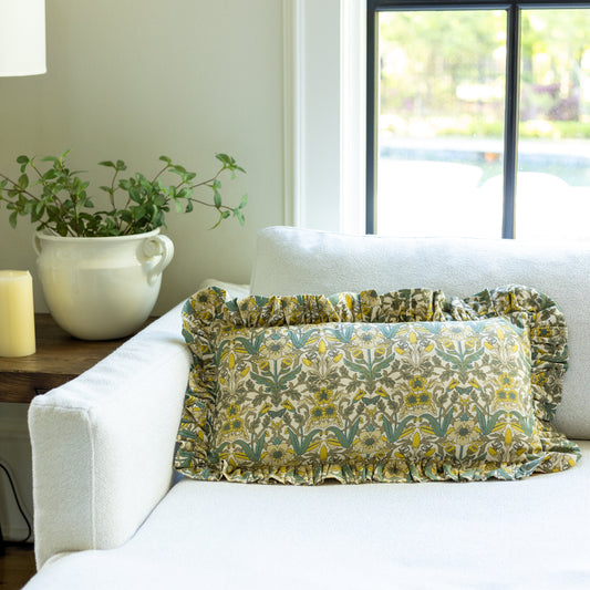 Ruffled Lumbar Pillow with Floral Pattern