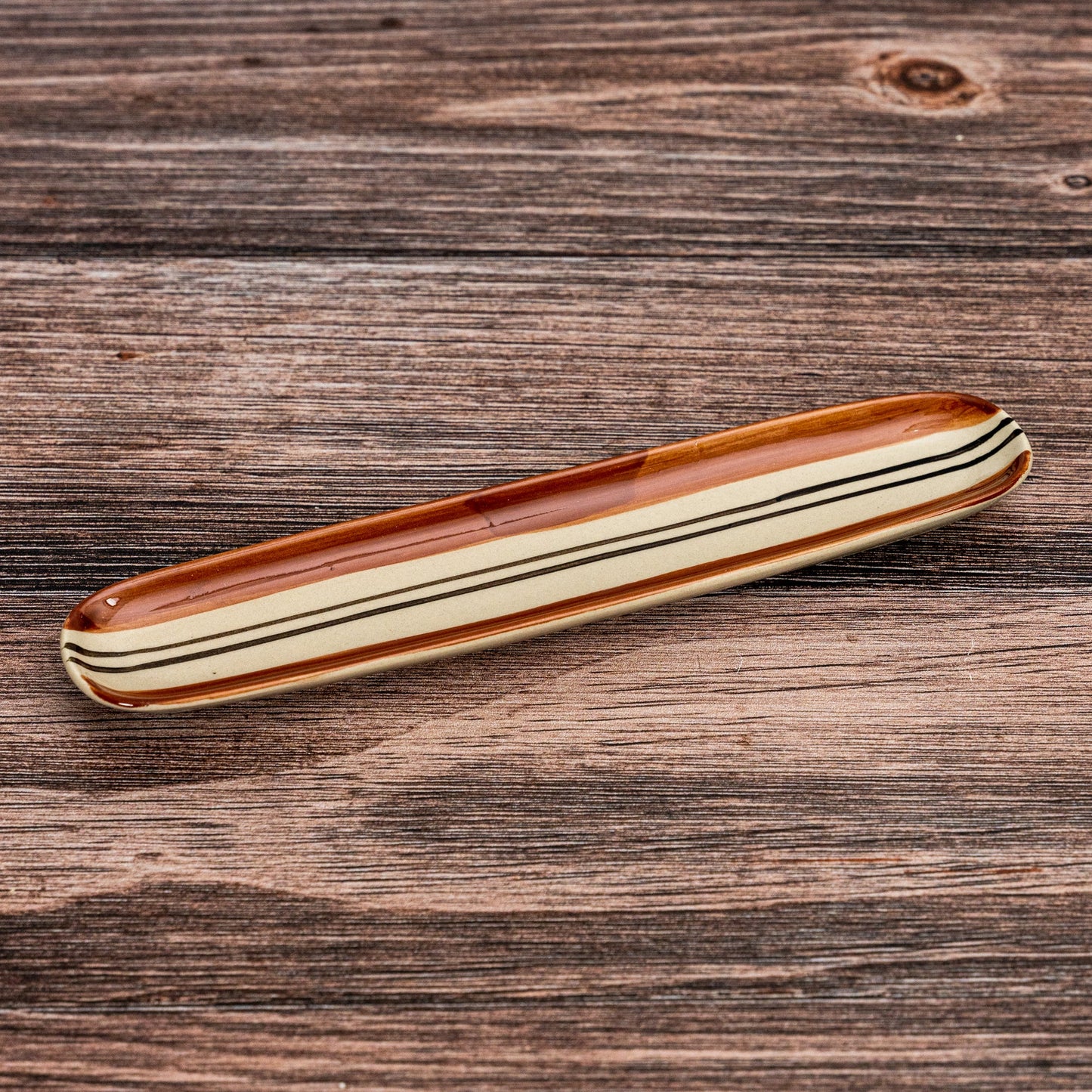 Brown & Black Striped Oval Stoneware Tray