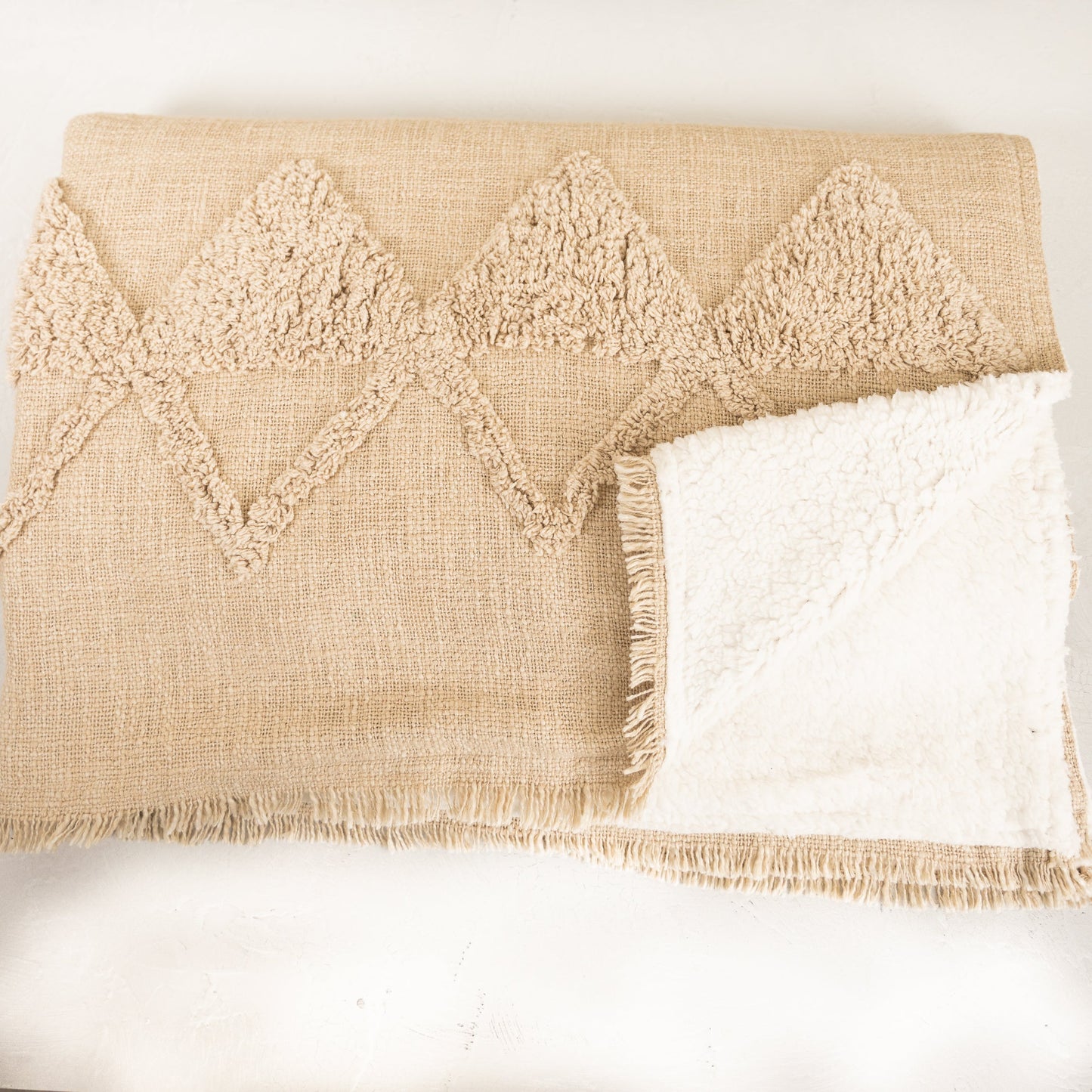 Diamond Tufted Sherpa Throw with Fringe