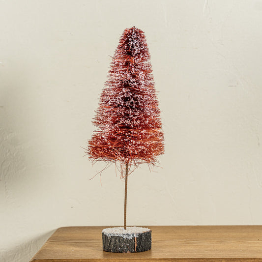 15.75" Flocked Maroon Bottle Brush Tree with Wood Slice Base