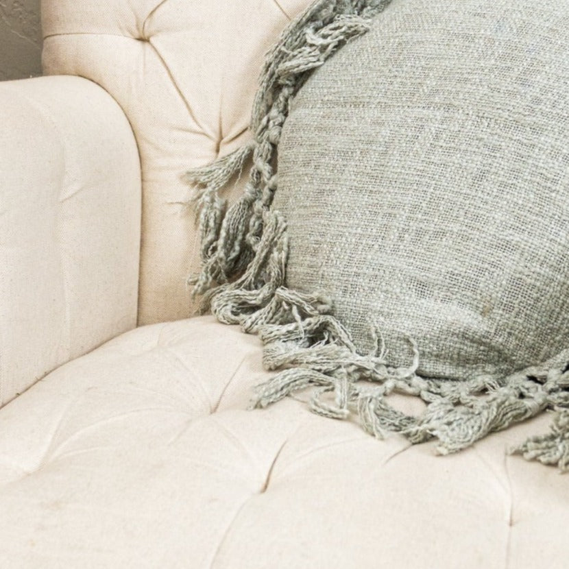 Gray Slub Round Tassel Pillow