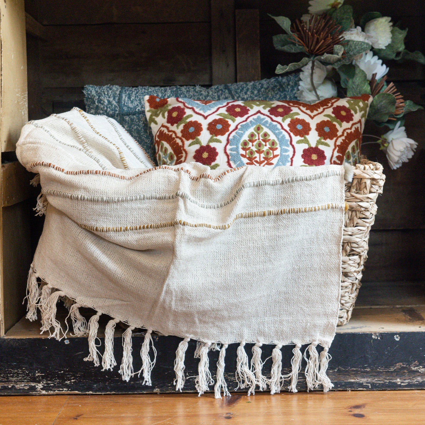 Ivory Striped Throw with Tassels