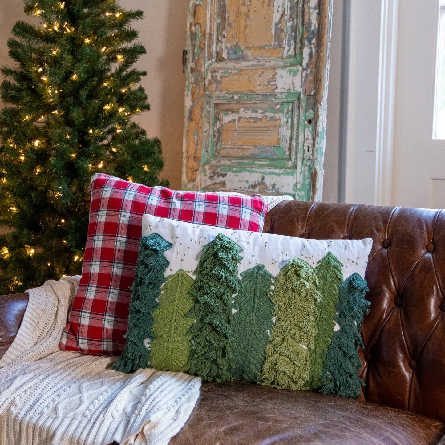 Embroidered Lumbar Pillow with Trees