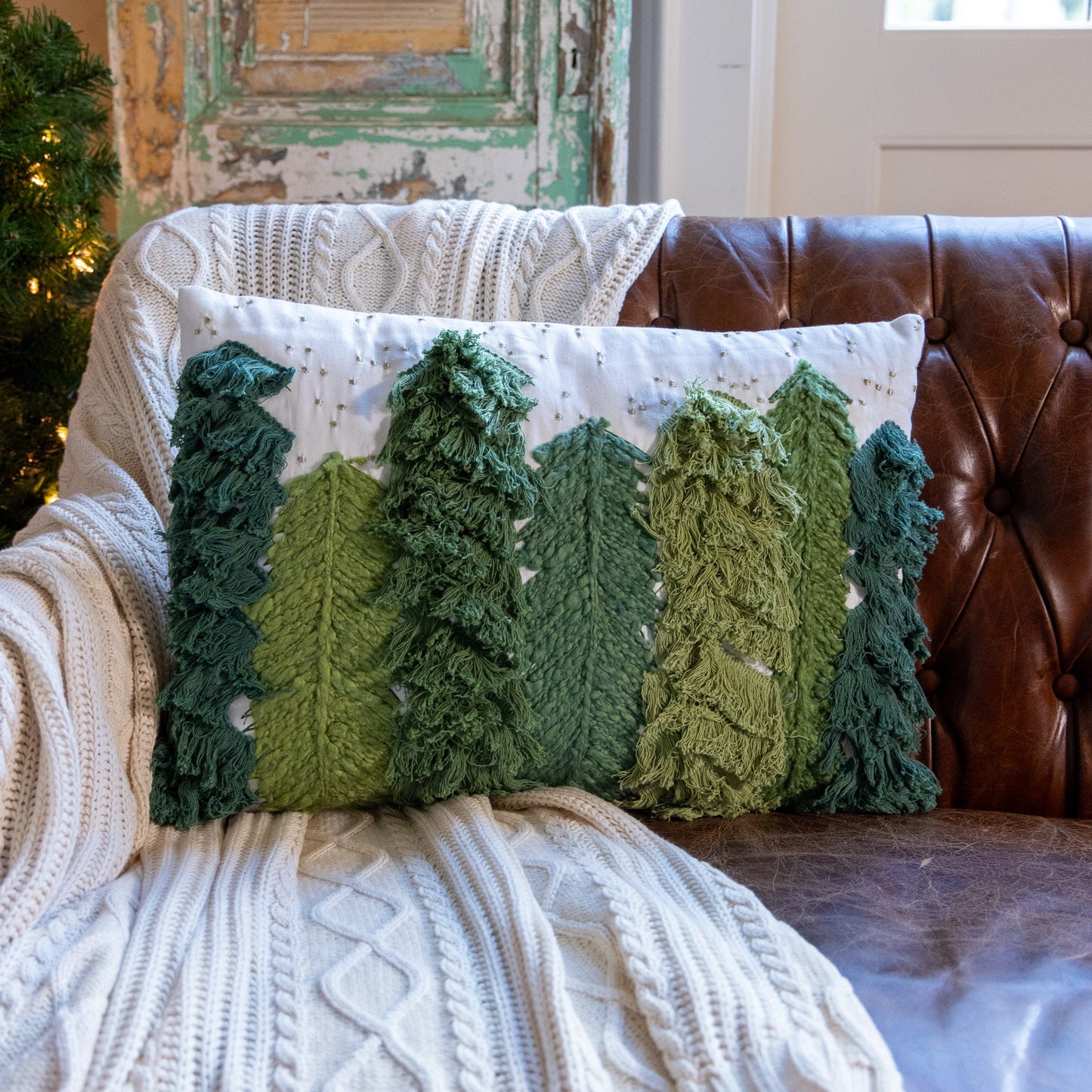 Embroidered Lumbar Pillow with Trees