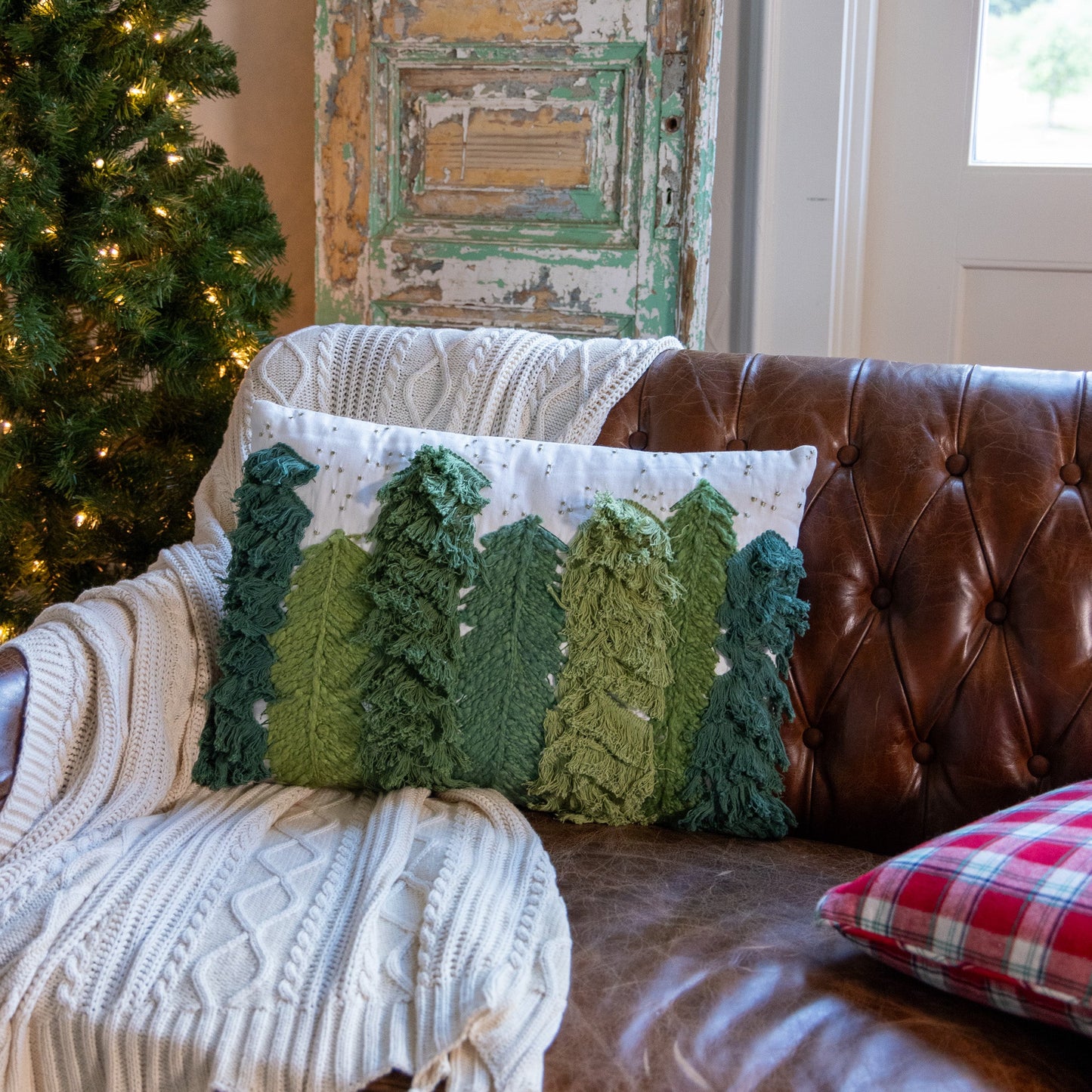 Embroidered Lumbar Pillow with Trees