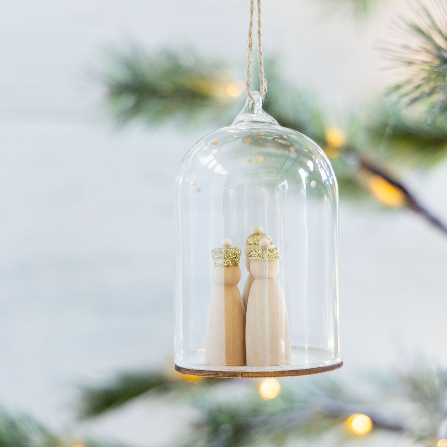 Glass Cloche Ornament with Wood Nativity Figurine