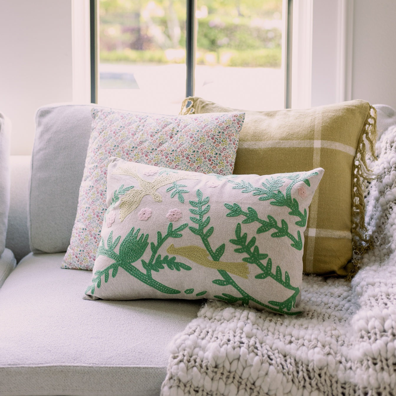 Chambray Lumbar Pillow with Bird Embroidery