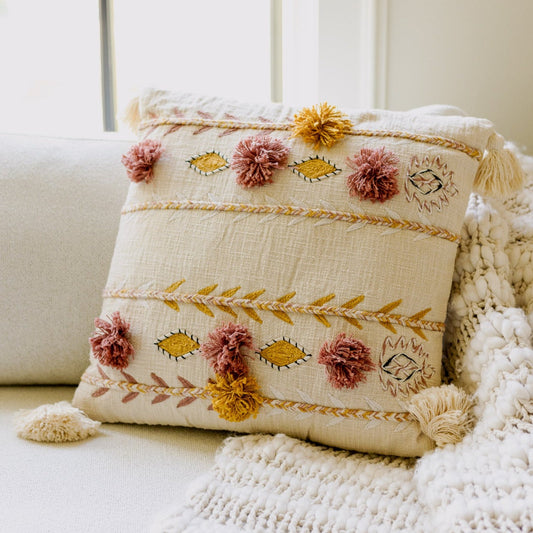 Embroidered Pillow with Tassels